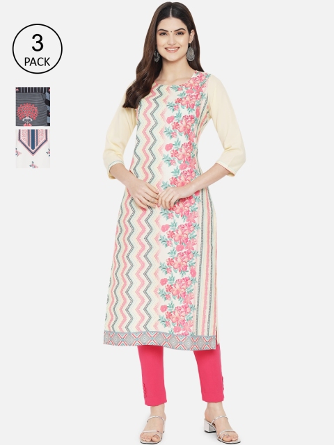 

1 Stop Fashion Women Multi Color Set Of 3 Printed Crepe Kurta