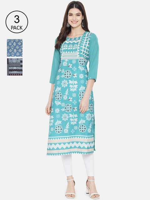 

1 Stop Fashion Women Multicoloured Set Of 3 Geometric Printed Crepe Kurta, Multi