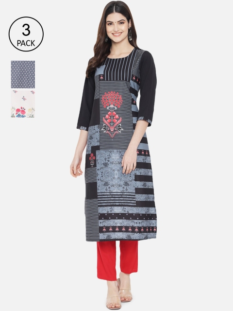 

1 Stop Fashion Women Pack of 3 Black & Grey Printed Crepe Straight Kurta