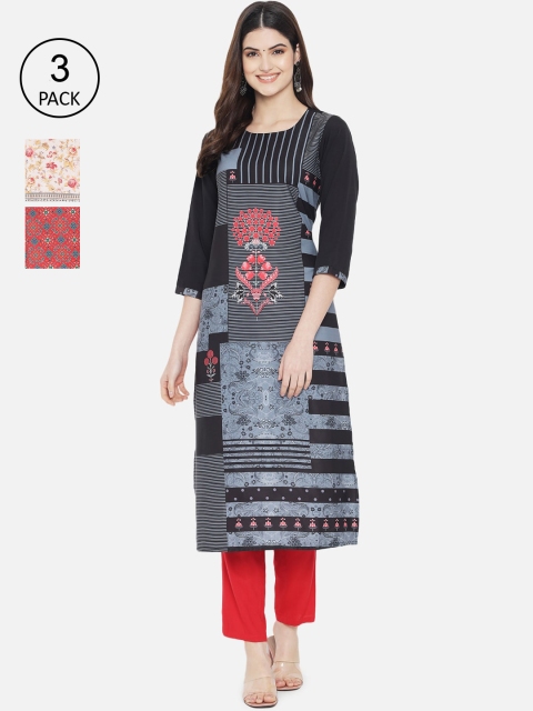 

1 Stop Fashion Women Black & Red Ethnic Motifs Printed Crepe Kurta