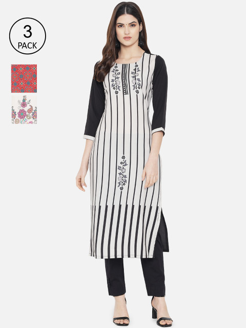 

1 Stop Fashion Women Pack Of 3 Printed Crepe Kurta, White