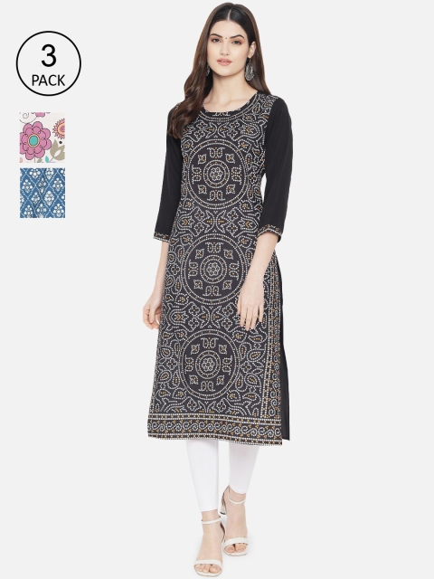 

1 Stop Fashion Pack of 3 Women Ethnic Motifs Printed Crepe Kurta, Multi