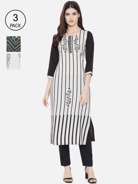 

1 Stop Fashion Women Pack Of 3 Multicoloured Ethnic Motifs Printed Crepe Kurta, Multi