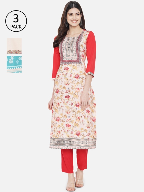 

1 Stop Fashion Women Red & Blue Pack Of 3 Digital Printed Straight Kurtas