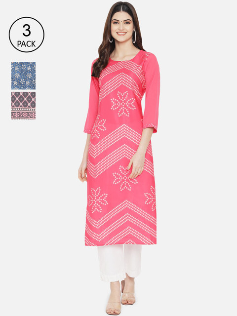 

1 Stop Fashion Women Multi Color Set Of 3 Printed Crepe Kurta
