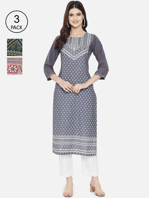 

1 Stop Fashion Pack of 3 Women Ethnic Motifs Printed Crepe Kurta, Multi