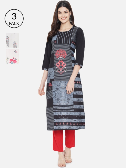 

1 Stop Fashion Women Pack Of 3 Printed Crepe Kurta, White