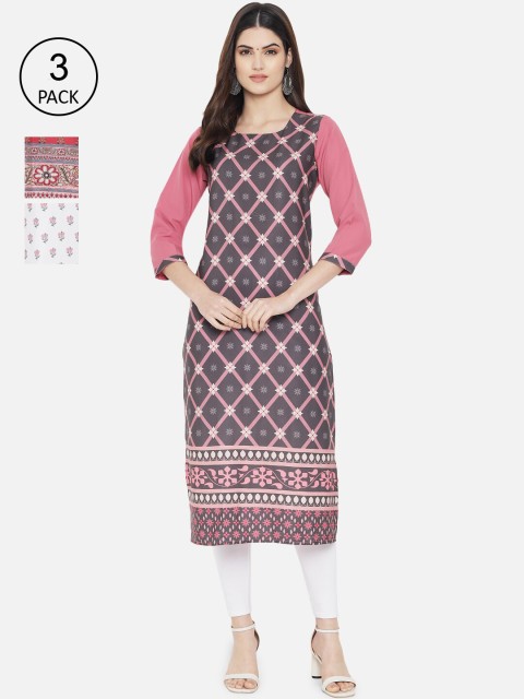 

1 Stop Fashion Woman Pack of 3 Multicoloured Floral Printed Crepe Kurta, Multi