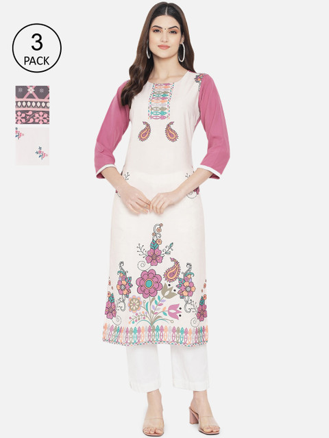 

1 Stop Fashion Women Pack of 3 Pink & White Printed Crepe Straight Kurta