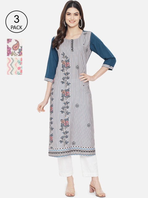 

1 Stop Fashion Women Multicoloured Set Of 3 Floral Printed Crepe Kurta, Multi