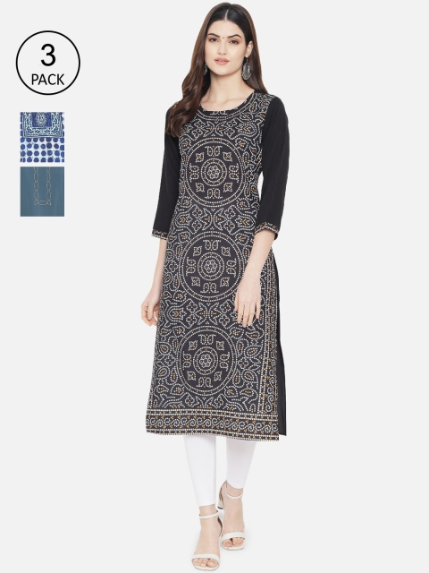 

1 Stop Fashion Woman Pack of 3 Multicoloured Geometric Printed Crepe Kurta, Multi