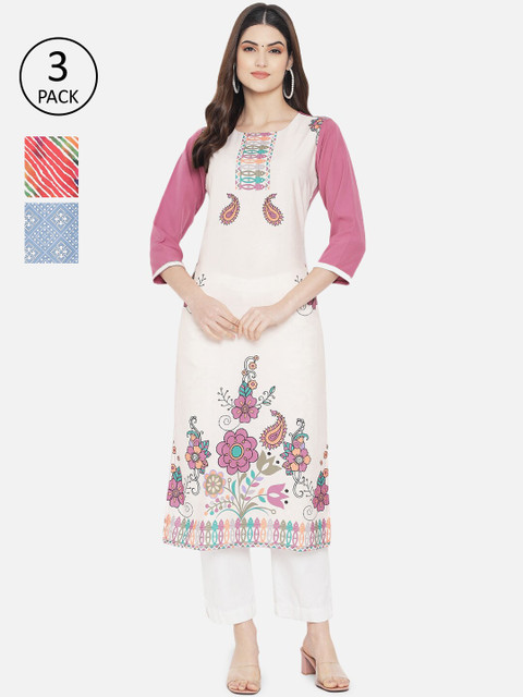 

1 Stop Fashion Women Pack of 3 Digital Printed Crepe Kurta, Multi