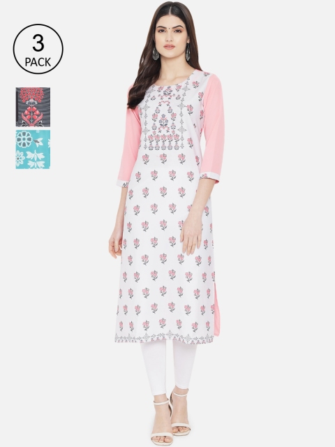 

1 Stop Fashion Women Pack of 3 Floral Printed Crepe Kurtas, White