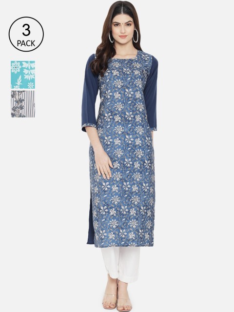 

1 Stop Fashion Women Set of 3 Multi Floral Printed Crepe Kurta