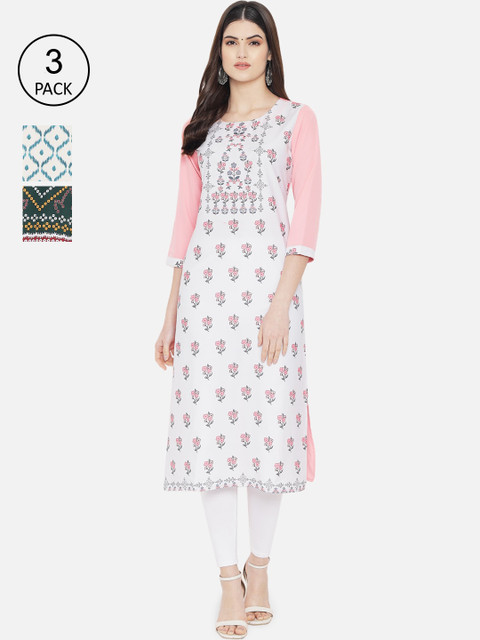 

1 Stop Fashion Women Set of 3 Ethnic Motifs Printed Crepe Kurta, White