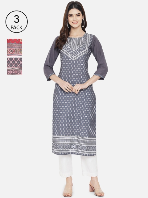 

1 Stop Fashion Women Pack of 3 Printed Crepe Kurta, Multi