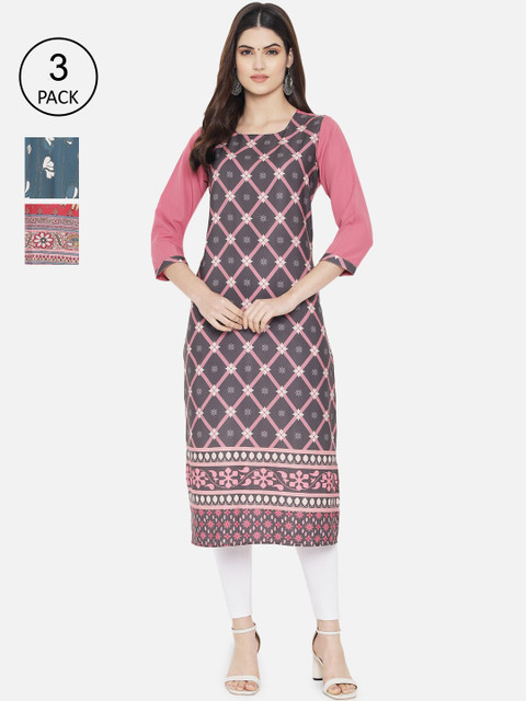 

1 Stop Fashion Women Pink & Grey Pack Of 3 Digital Printed Straight Kurtas