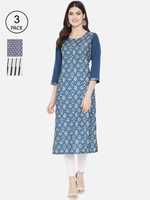 

1 Stop Fashion Women Set of 3 Ethnic Motifs Printed Crepe Kurta, Blue