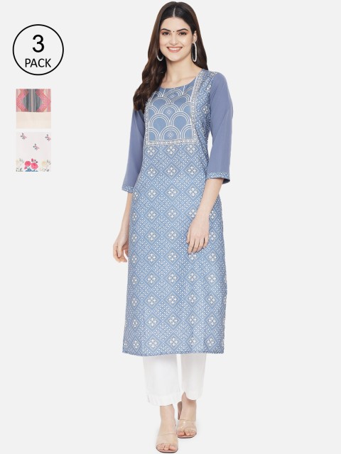 

1 Stop Fashion Women Pack of 3 Printed Crepe Kurta, Multi
