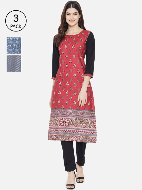 

1 Stop Fashion Women Pack of 3 Multicoloured Floral Printed Thread Work Crepe Kurta, Multi