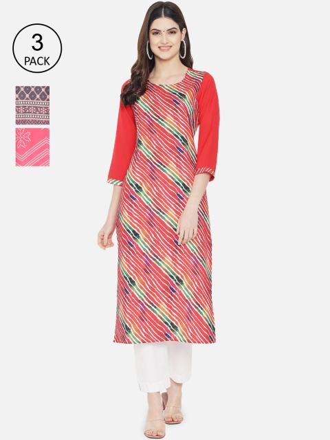 

1 Stop Fashion Women Pack Of 3 Printed Crepe Kurta, Red