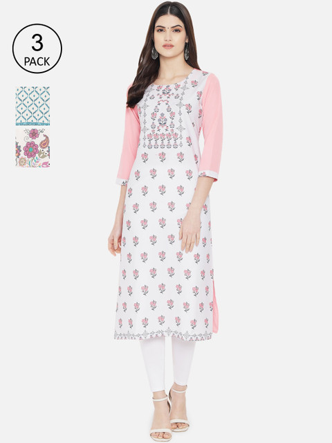 

1 Stop Fashion Women Pack of 3 Multicoloured Floral Printed Crepe Kurta, Multi