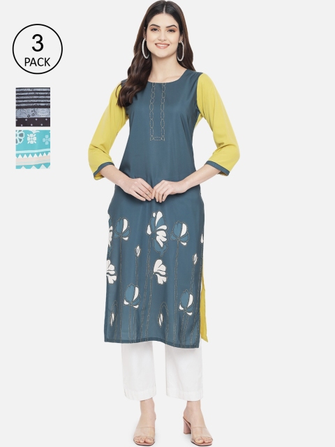 

1 Stop Fashion Women Set of 3 Multi Floral Crepe Kurtas