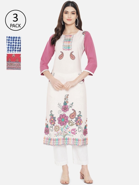 

1 Stop Fashion Pack of 3 Women Ethnic Motifs Printed Crepe Kurta, Multi