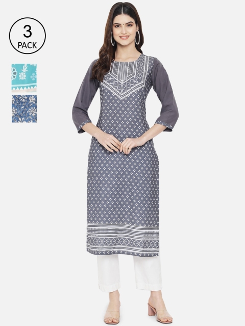 

1 Stop Fashion Women Set of 3 Ethnic Motifs Printed Crepe Kurta, Blue