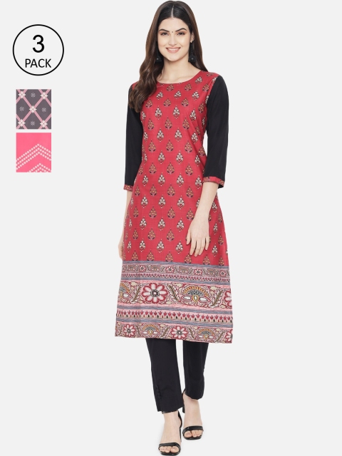 

1 Stop Fashion Women Pack of 3 Pink & Brown Printed Crepe Straight Kurta