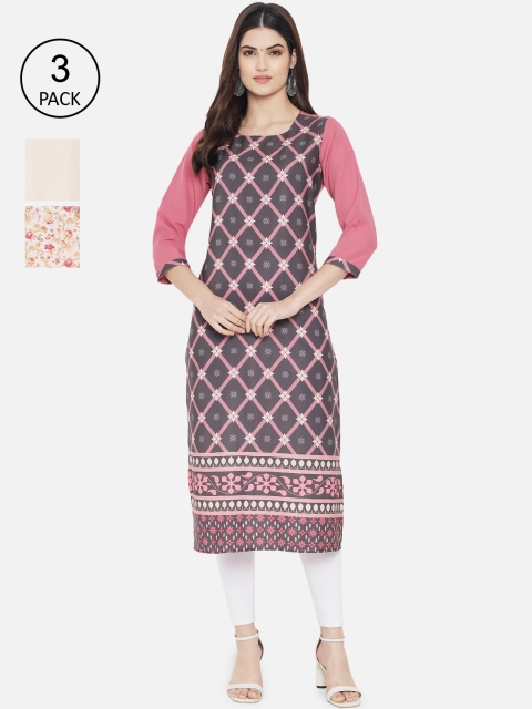 

1 Stop Fashion Women Pack of 3 Digital Printed Crepe Kurta, Multi