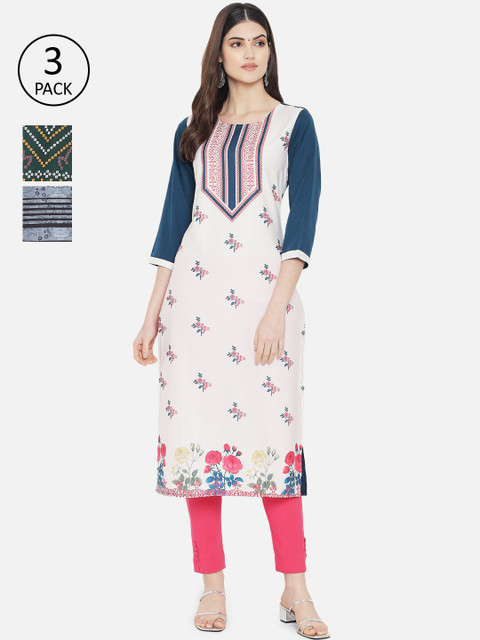 

1 Stop Fashion Woman Pack of 3 Multicoloured Printed Crepe Kurta, Multi