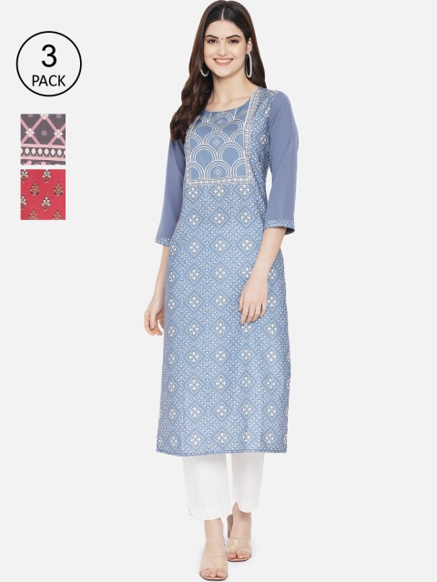 

1 Stop Fashion Women Pack Of 3 Printed Crepe Kurta, Blue
