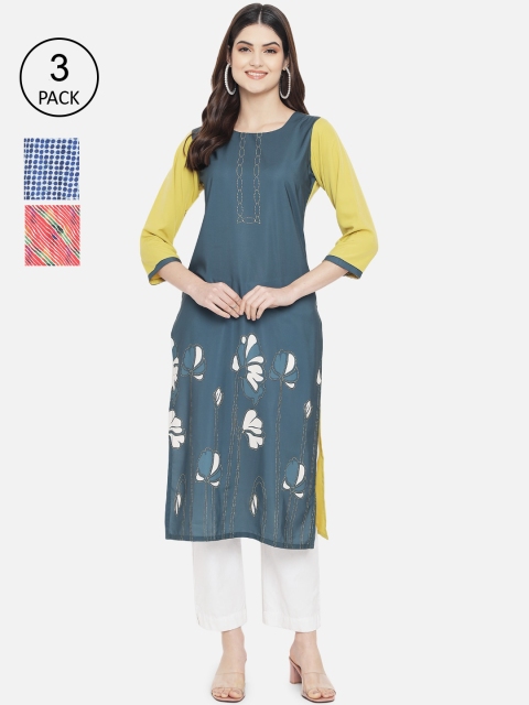 

1 Stop Fashion Women Pack of 3 Multicoloured Printed Crepe Kurta, Multi