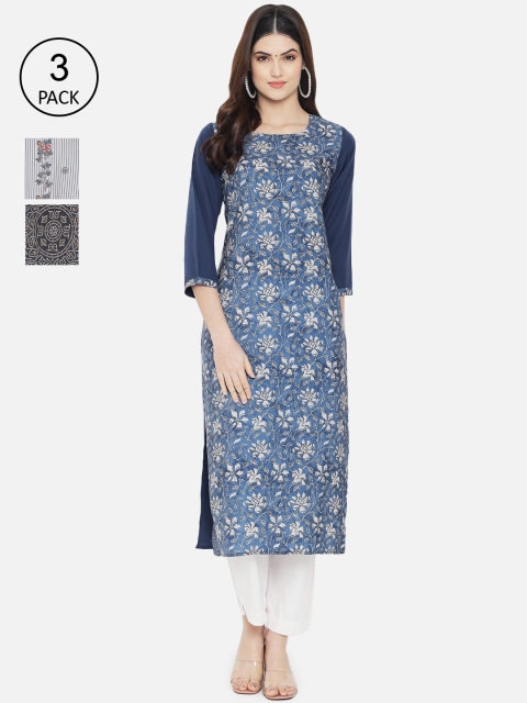 

1 Stop Fashion Women Pack of 3 Printed Crepe Kurta, Multi