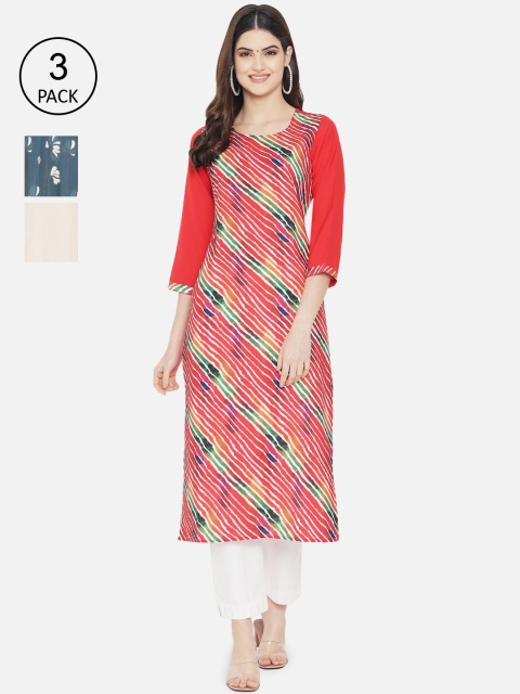 

1 Stop Fashion Women Multicoloured Set Of 3 Printed Crepe Kurta, Multi