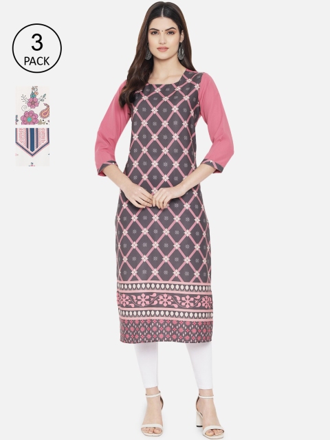 

1 Stop Fashion Women Pack of 3 Printed Crepe Kurta, Multi
