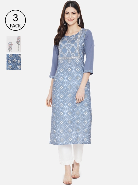 

1 Stop Fashion Women Pack of 3 Blue & White Printed Crepe Straight Kurta