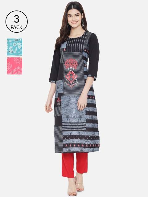 

1 Stop Fashion Women Multicoloured Set Of 3 Geometric Printed Crepe Kurta, Multi
