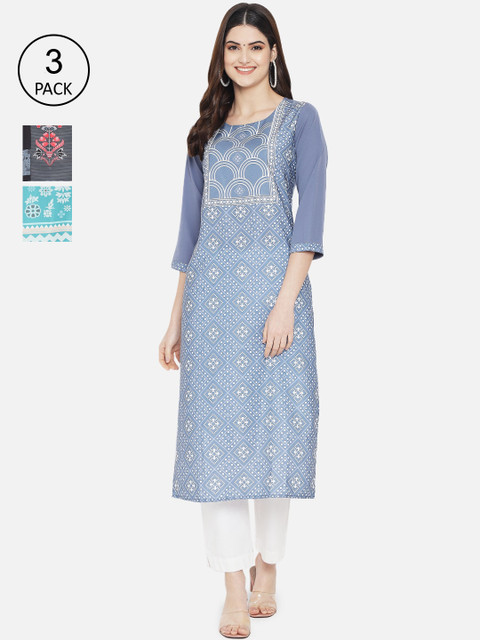 

1 Stop Fashion Women Multicoloured Set Of 3 Geometric Printed Crepe Kurta, Multi