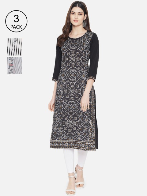 

1 Stop Fashion Women Set of 3 Multi Geometric Printed Crepe Kurtas