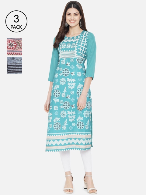 

1 Stop Fashion Women Set of 3 Ethnic Motifs Printed Crepe Kurta, Blue