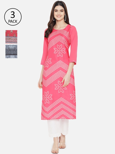 

1 Stop Fashion Women Pack of 3 Multicoloured Ethnic Motifs Printed Crepe Kurta, Multi