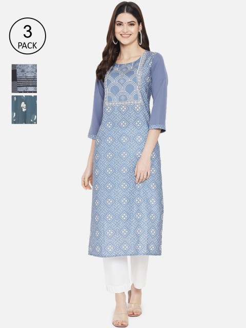 

1 Stop Fashion Women Grey & Green Pack Of 3 Digital Printed Straight Kurtas