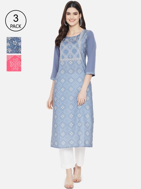 

1 Stop Fashion Women Multi Color Set Of 3 Abstract Printed Crepe Kurta