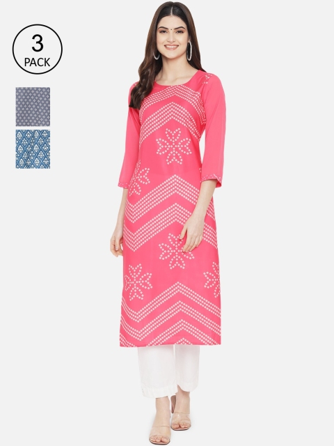 

1 Stop Fashion Pack of 3 Women Ethnic Motifs Printed Crepe Kurta, Multi