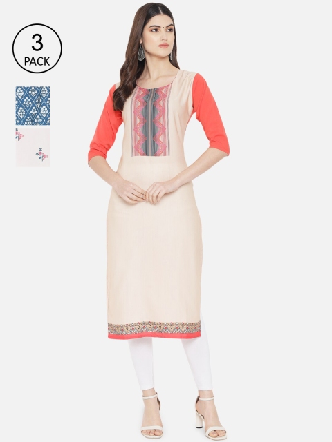 

1 Stop Fashion Pack of 3 Women Ethnic Motifs Printed Crepe Kurta, Multi