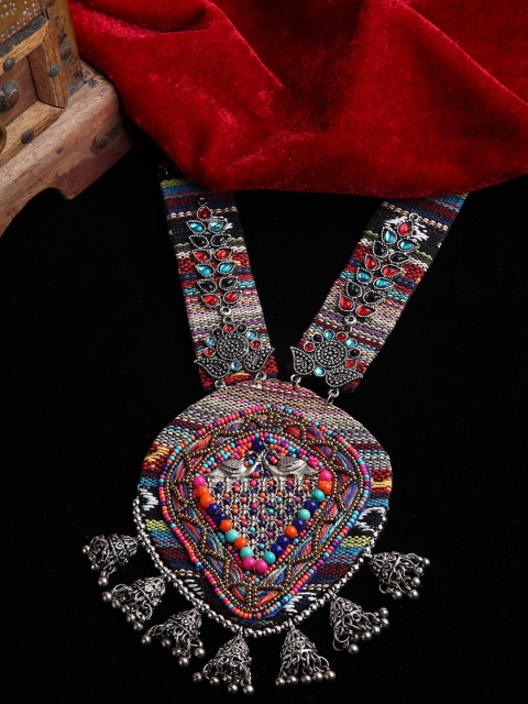 

Moedbuille Multicoloured Brass Oxidised Silver-Plated Beads & Crystals Studded Necklace, Multi