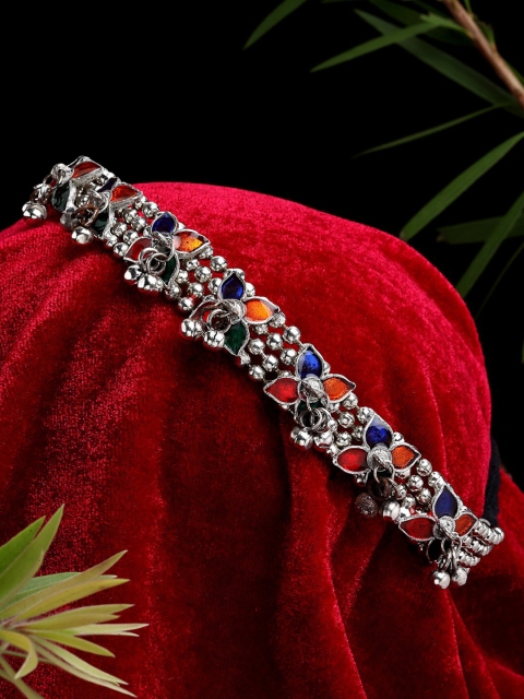 

Moedbuille Silver-Toned & Blue Brass Silver-Plated Meenakari Choker Necklace