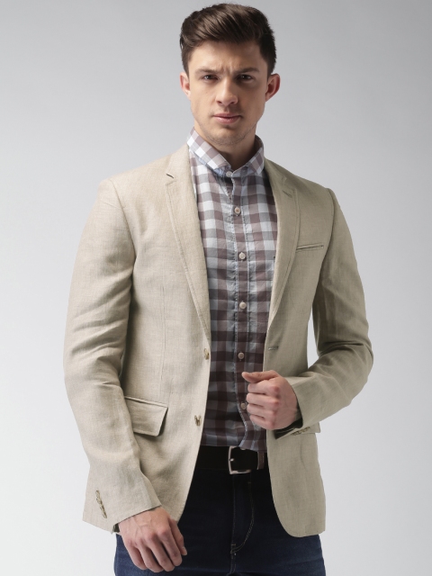 

Mast & Harbour Beige Linen Slim Fit Single-Breasted Casual Blazer